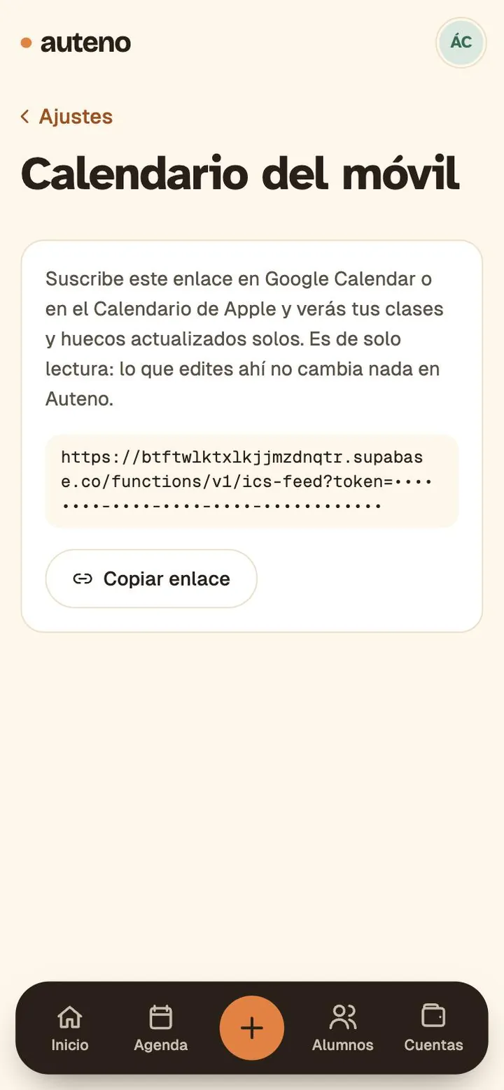 Calendario del móvil, en los Ajustes de Auteno: el enlace que conectas una vez a tu calendario.