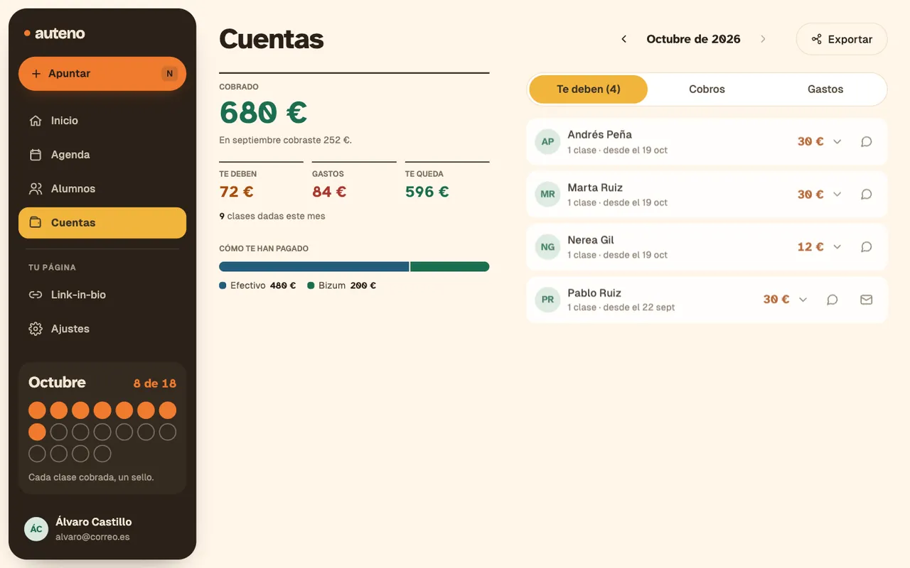 Cuentas en Auteno: lo cobrado en el mes, lo que te deben, los gastos y lo que te queda.