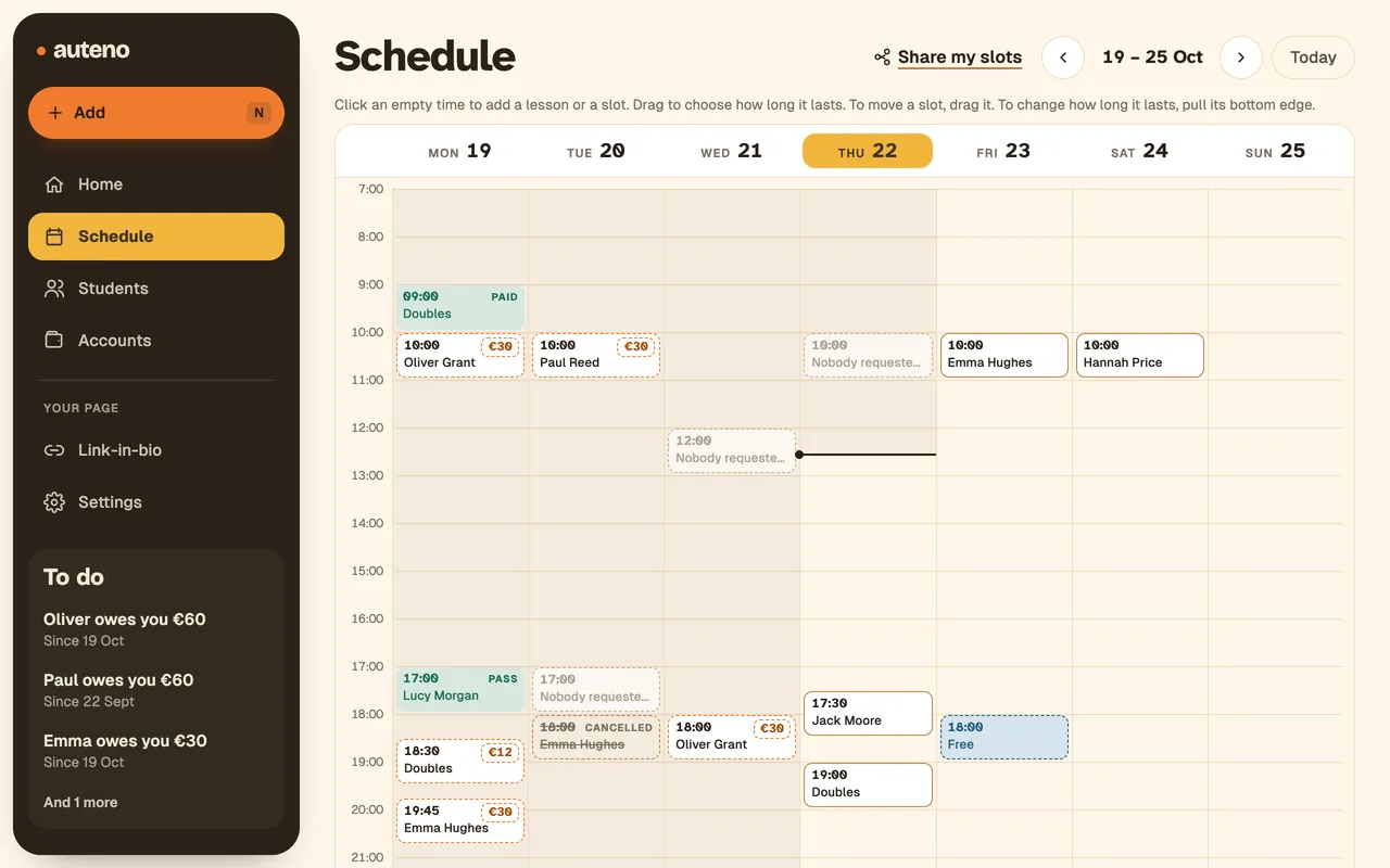 Auteno's schedule on a computer: the week's lessons, free slots and what's still to collect.