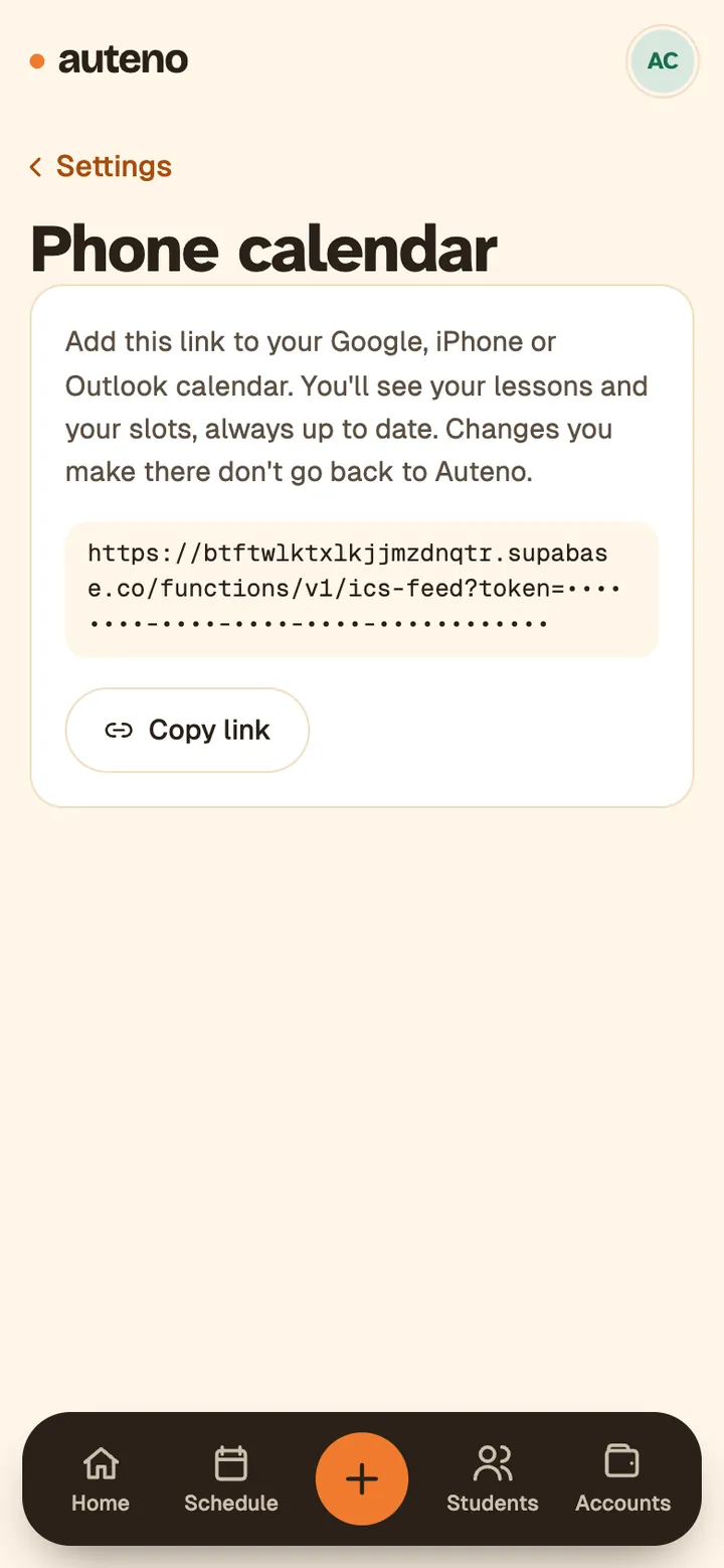 The phone calendar screen in Auteno's settings: the link you connect once to your calendar.