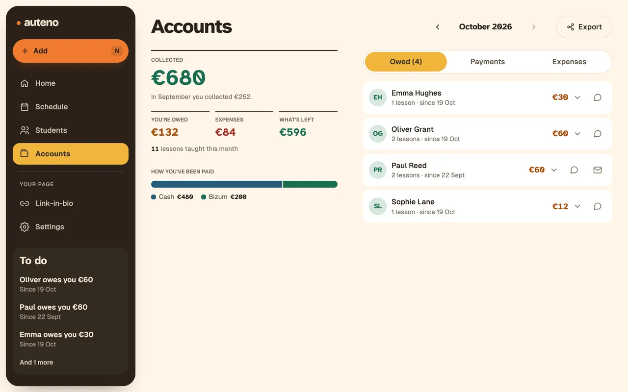 Accounts in Auteno: what you've been paid this month, what you're owed, expenses and what's left.