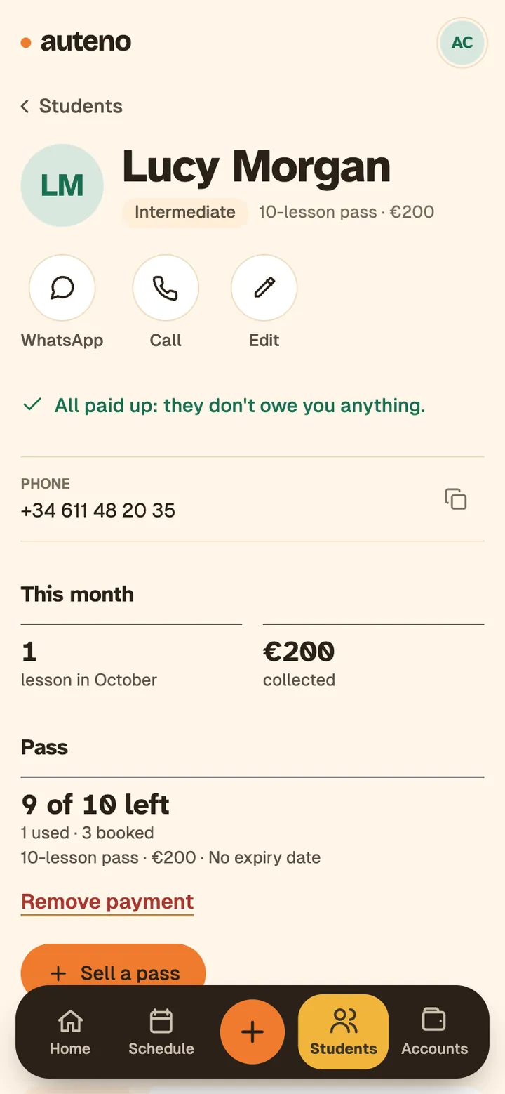 A student's page in Auteno with a 10-lesson pass: 9 left.