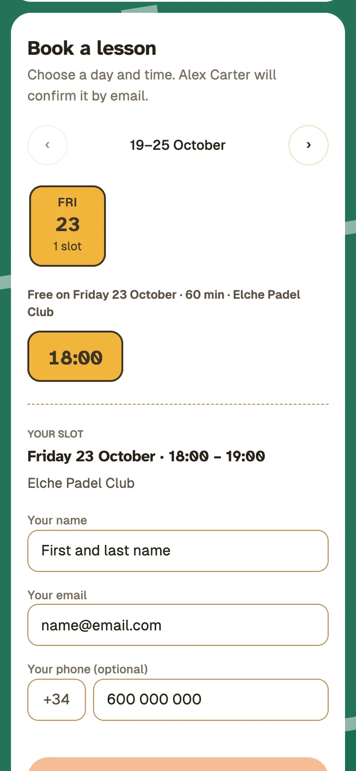 Booking from an Auteno Link-in-bio: the student picks a day and time and leaves their name and email.
