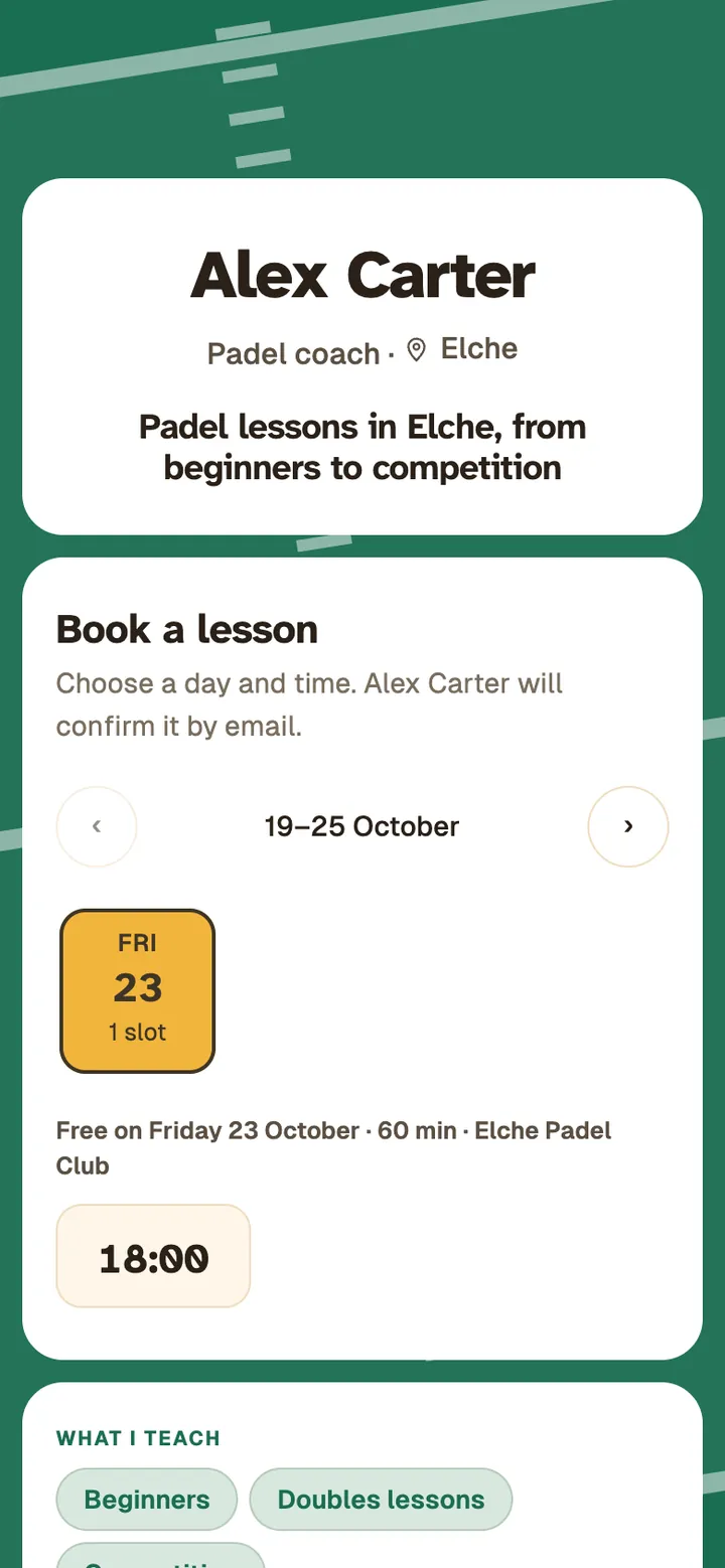 A coach's Link-in-bio made with Auteno: his name, what he teaches and his free slots to book.