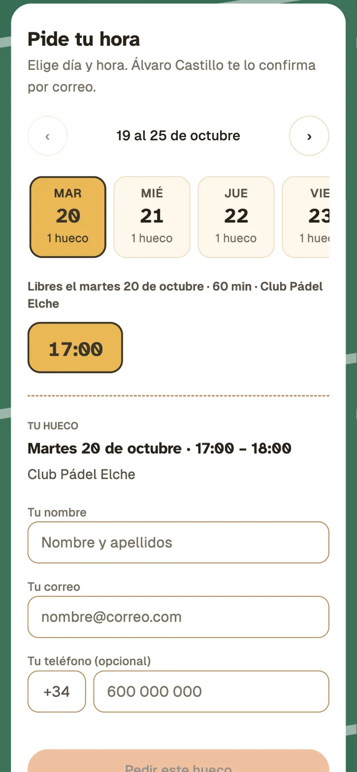 Pedir hora en un Link-in-bio de Auteno: el alumno elige día y hora y deja su nombre y su correo.