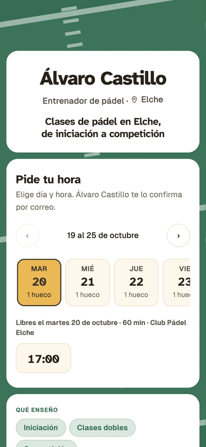 El Link-in-bio de un entrenador hecho con Auteno: su nombre, lo que enseña y sus huecos para pedir hora.